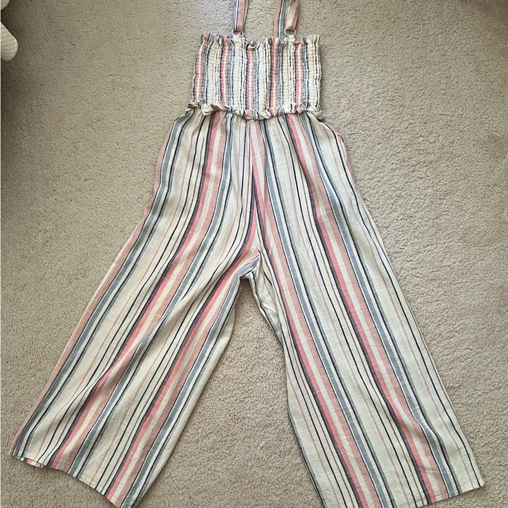 Versona Striped Linen Jumpsuit in Pink, Cream, and Blue